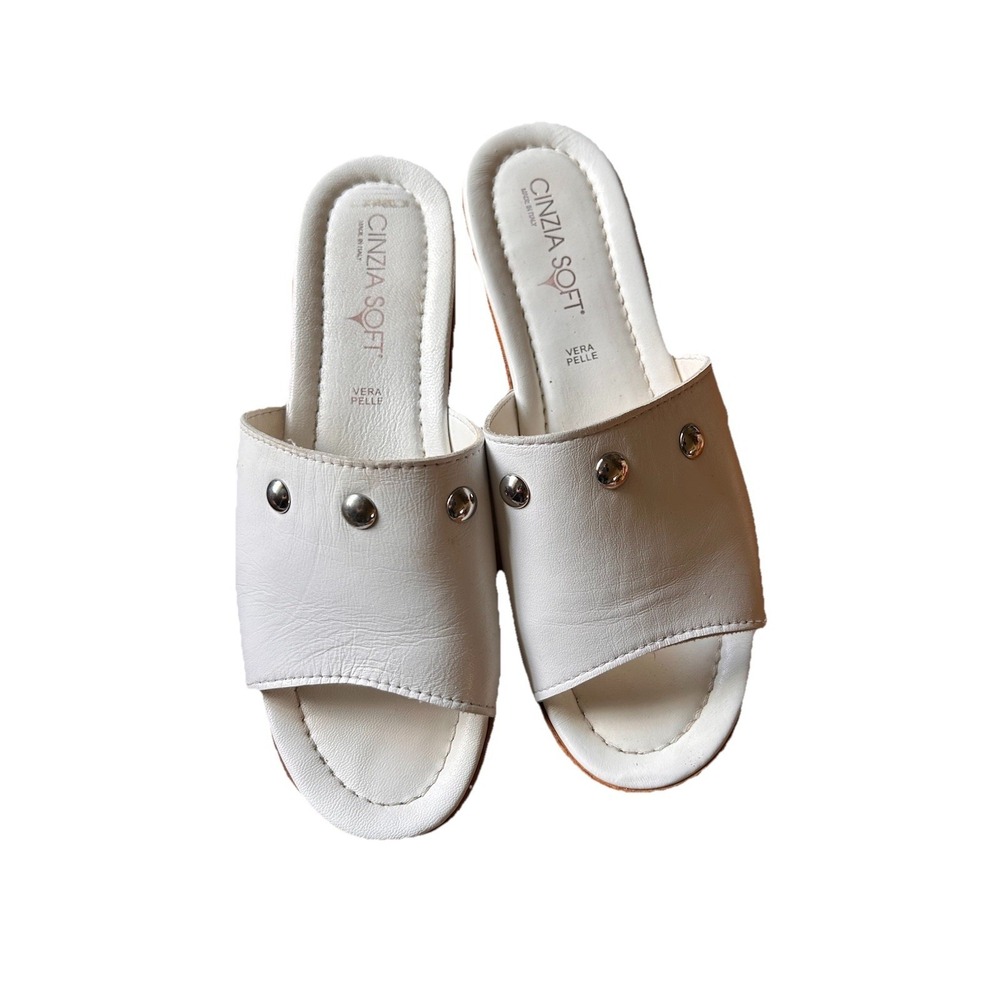 Cinzia Soft Italy Leather Platform Slide Sandals Studded White EU 38 Comfort 7 - Picture 2 of 8